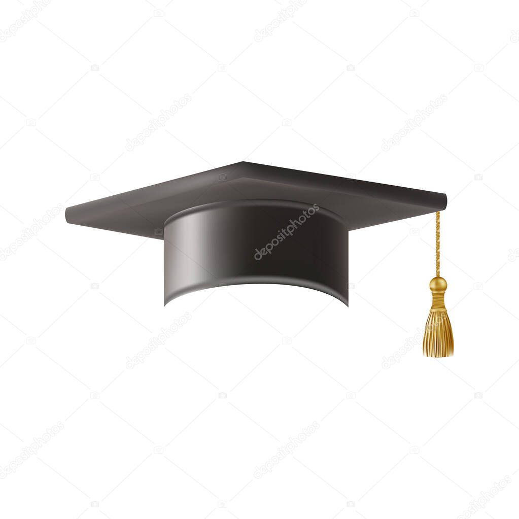Realistic Black graduate cap. 3D Graduation Doctoral hat. PhD Academic mortarboard. Student degree board. Vector illustration.