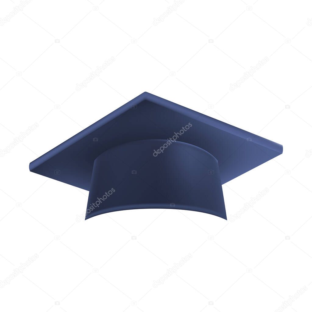 Realistic Blue graduate cap. 3D Graduation Doctoral hat. PhD Academic mortarboard. Student degree board. Vector illustration.