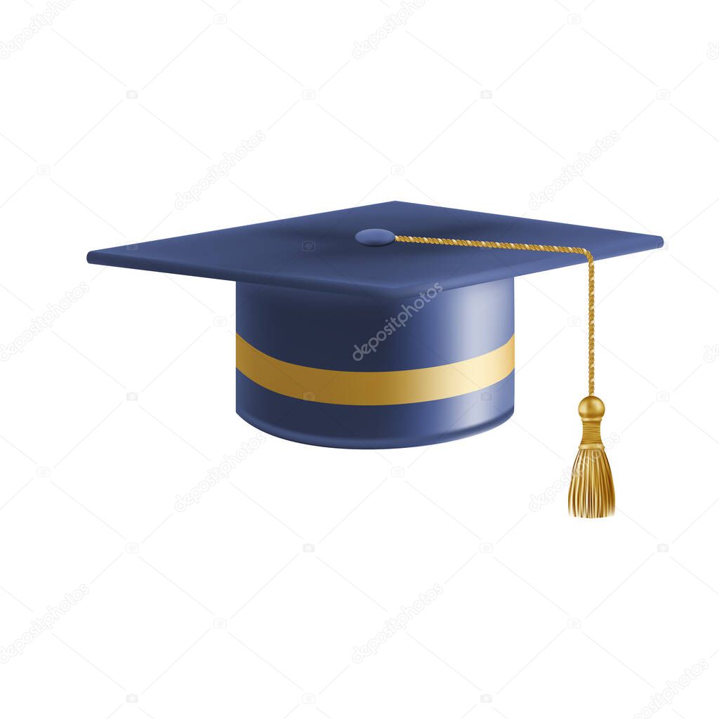 Realistic Blue graduate cap. 3D Graduation Doctoral hat. PhD Academic mortarboard. Student degree board. Vector illustration.
