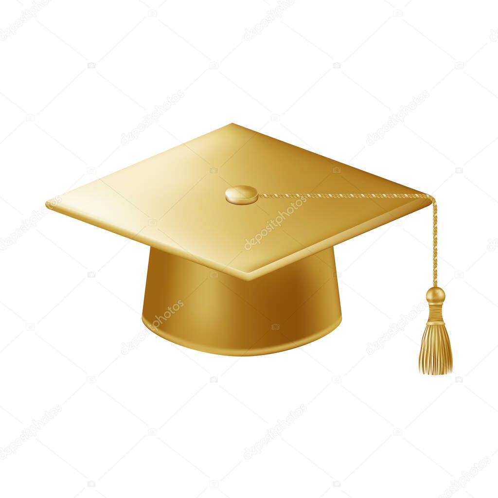 Realistic gold graduate cap. 3D Graduation Doctoral hat. PhD Academic mortarboard. Student degree board. Vector illustration.