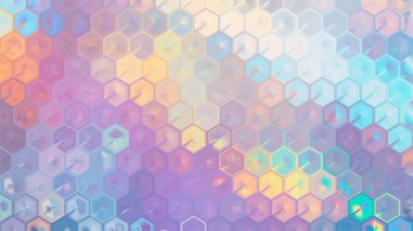 Üç boyutlu altıgen desenli yumuşak pastel soyut arkaplan. Mozaik bg. İnci bal peteğinin anası. Radyal ışık efektleri, pürüzsüz geometrik ızgara. Vektör illüstrasyonu, EPS 10.