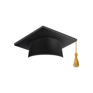 Gerçekçi siyah mezuniyet şapkası. 3 Boyutlu Doktora Şapkası. Yüksek lisans akademik havan topu. Öğrenci diploması. Vektör illüstrasyonu.