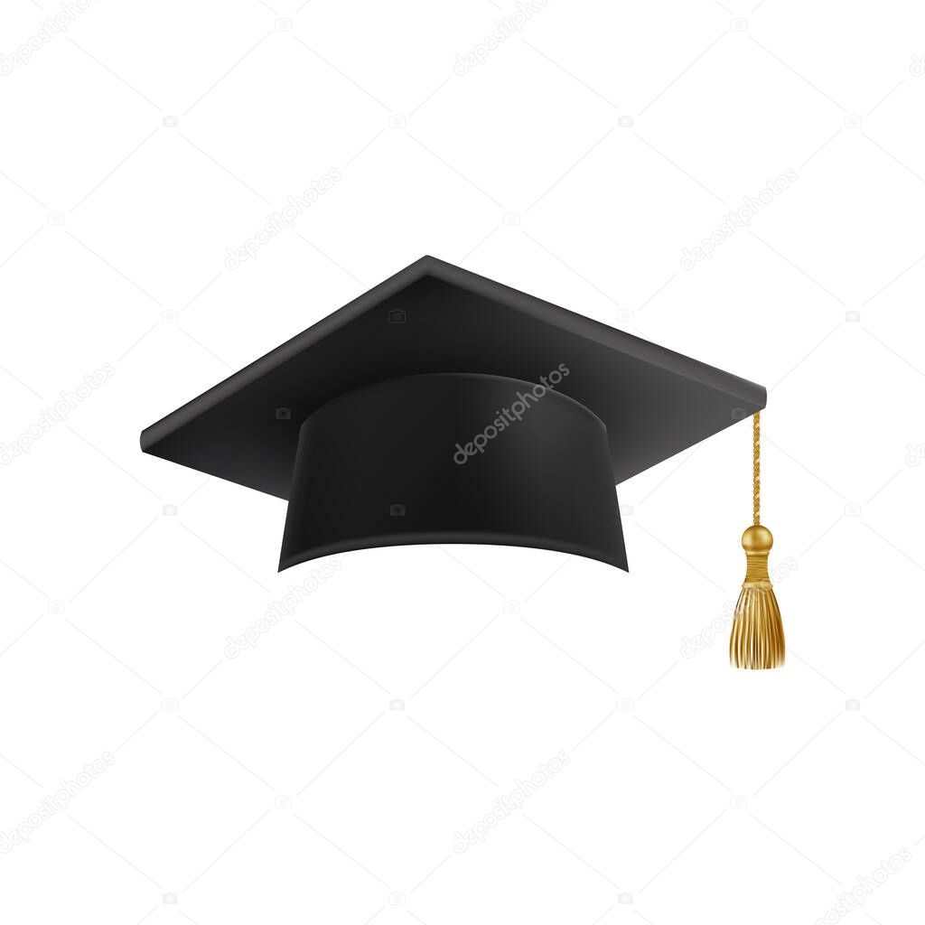 Realistic Black graduate cap. 3D Graduation Doctoral hat. PhD Academic mortarboard. Student degree board. Vector illustration.