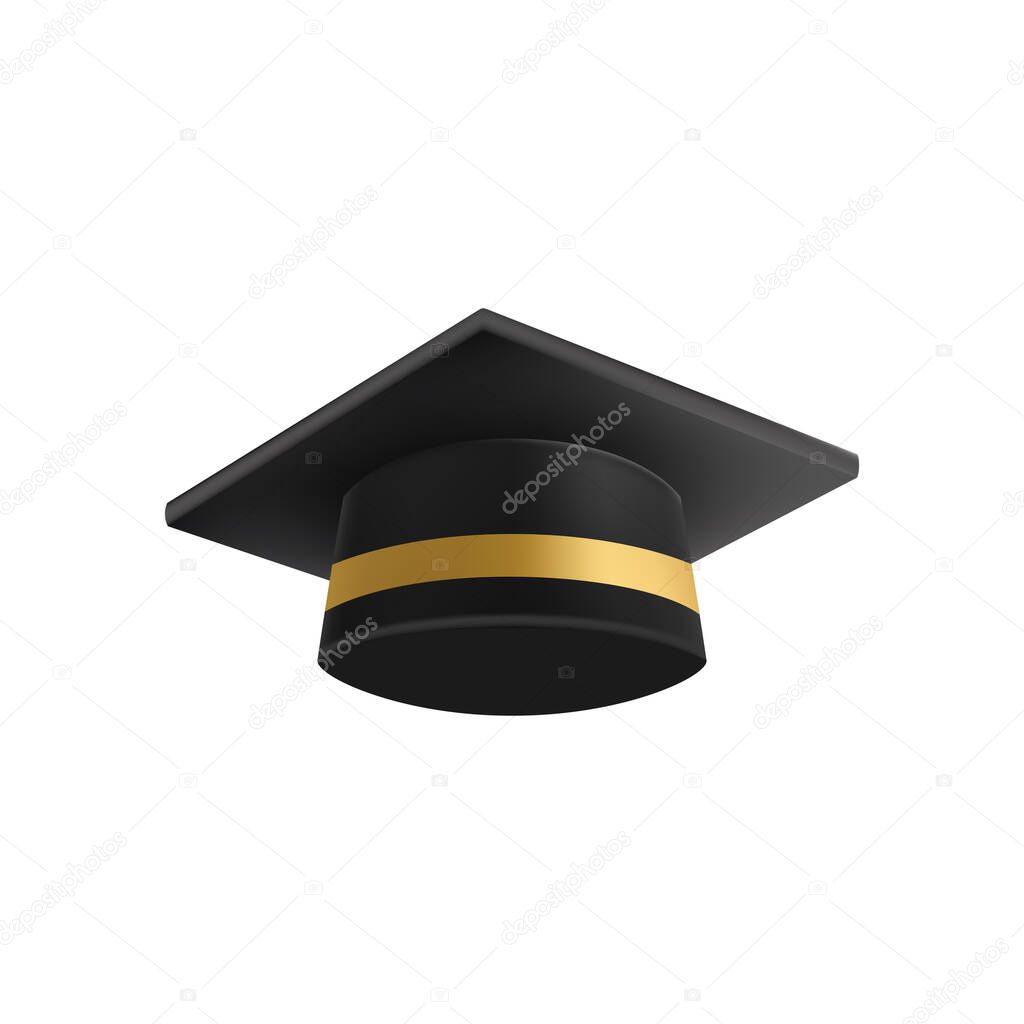 Realistic Black graduate cap. 3D Graduation Doctoral hat. PhD Academic mortarboard. Student degree board. Vector illustration.
