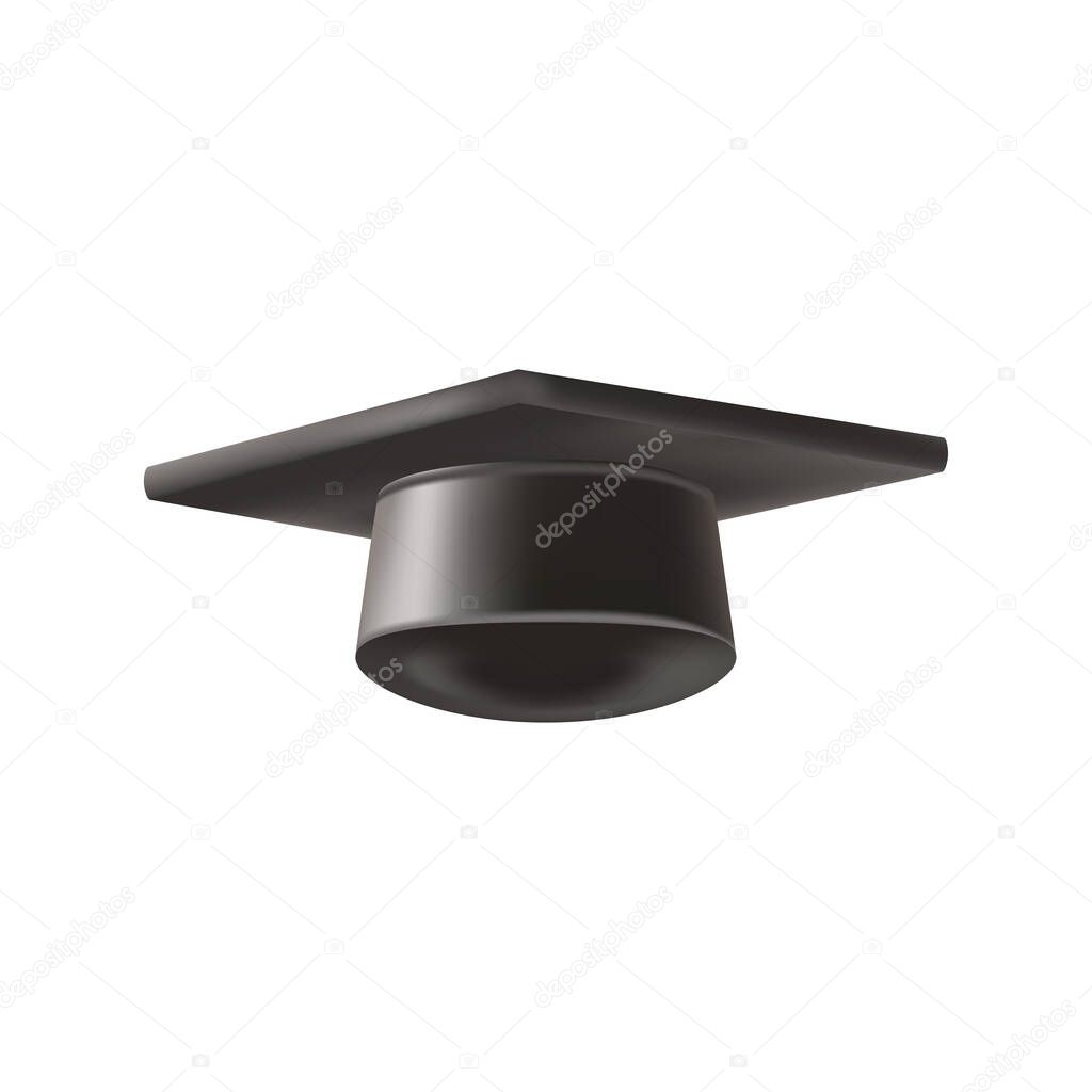 Realistic Black graduate cap. 3D Graduation Doctoral hat. PhD Academic mortarboard. Student degree board. Vector illustration.