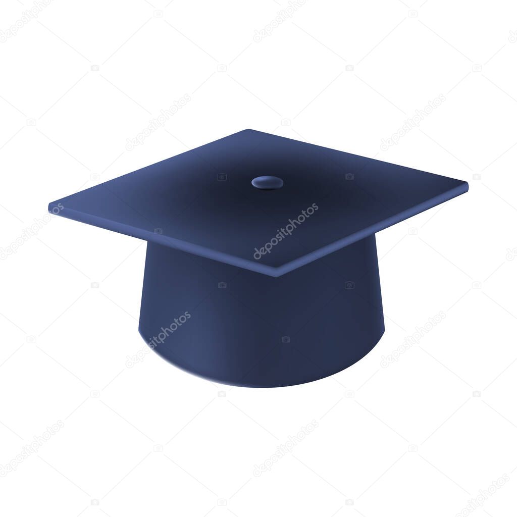 Realistic Blue graduate cap. 3D Graduation Doctoral hat. PhD Academic mortarboard. Student degree board. Vector illustration.