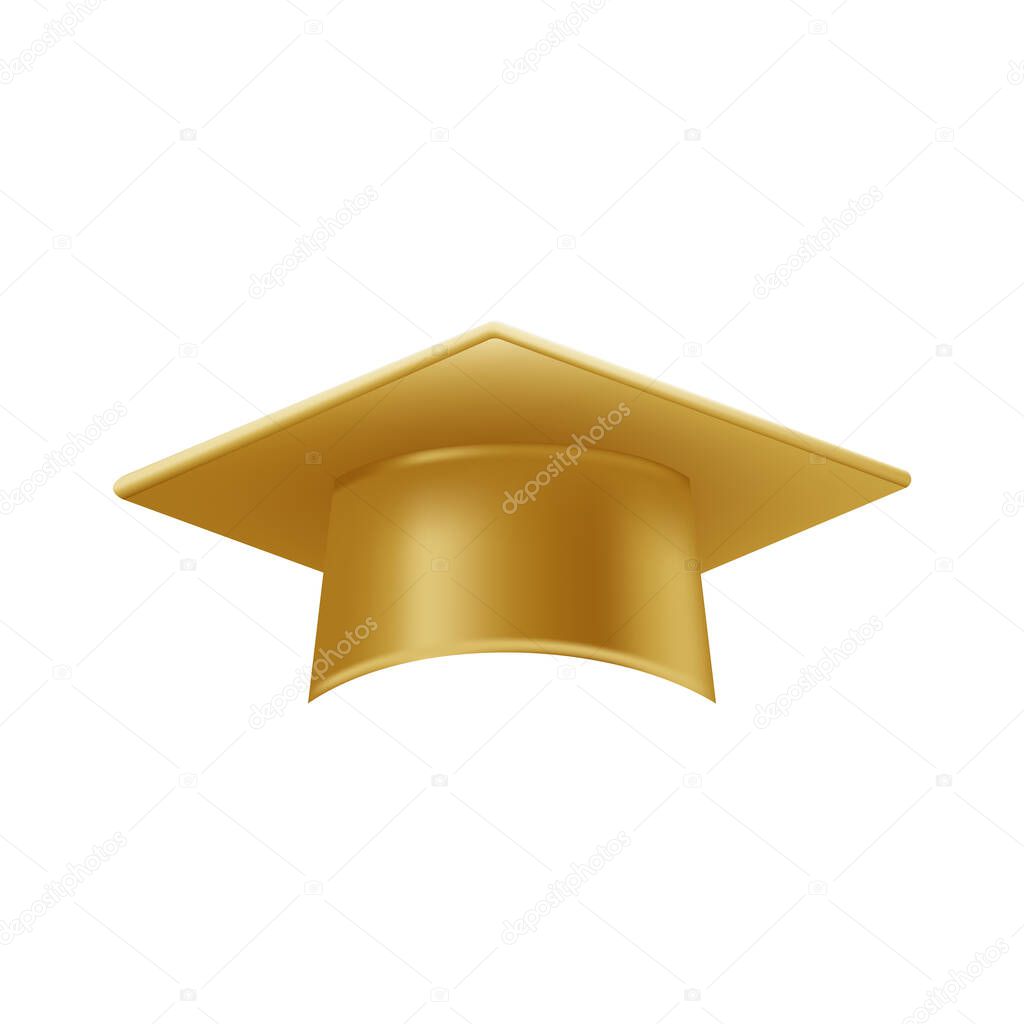 Realistic gold graduate cap. 3D Graduation Doctoral hat. PhD Academic mortarboard. Student degree board. Vector illustration.