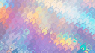 Üç boyutlu altıgen desenli yumuşak pastel soyut arkaplan. Mozaik bg. İnci bal peteğinin anası. Radyal ışık efektleri, pürüzsüz geometrik ızgara. Vektör illüstrasyonu, EPS 10.