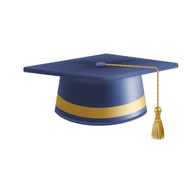 Gerçekçi Mavi mezuniyet şapkası. 3 Boyutlu Doktora Şapkası. Yüksek lisans akademik havan topu. Öğrenci diploması. Vektör illüstrasyonu.