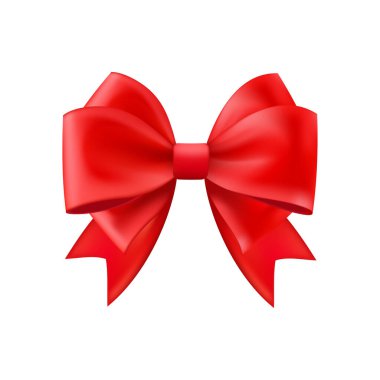 3D gerçekçi kırmızı hediye yayı. Noel, doğum günü ve satış dekorasyonu. İpek fiyonk. Geleneksel tatil aksesuarı. Vektör illüstrasyonuName.