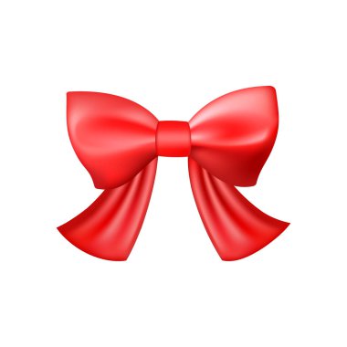 3D gerçekçi kırmızı hediye yayı. Noel, doğum günü ve satış dekorasyonu. İpek fiyonk. Geleneksel tatil aksesuarı. Vektör illüstrasyonuName.