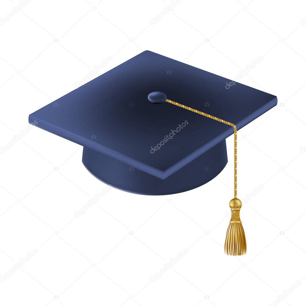 Realistic Blue graduate cap. 3D Graduation Doctoral hat. PhD Academic mortarboard. Student degree board. Vector illustration.