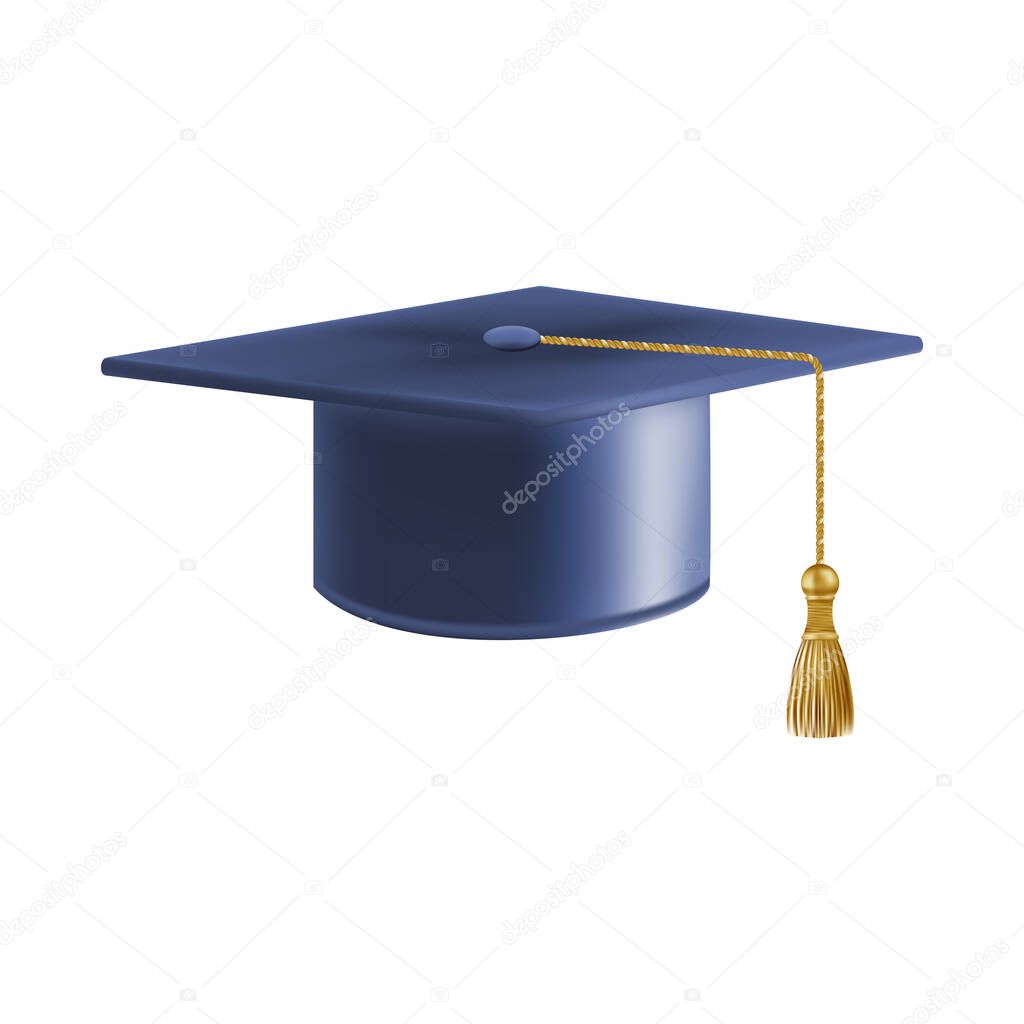 Realistic Blue graduate cap. 3D Graduation Doctoral hat. PhD Academic mortarboard. Student degree board. Vector illustration.