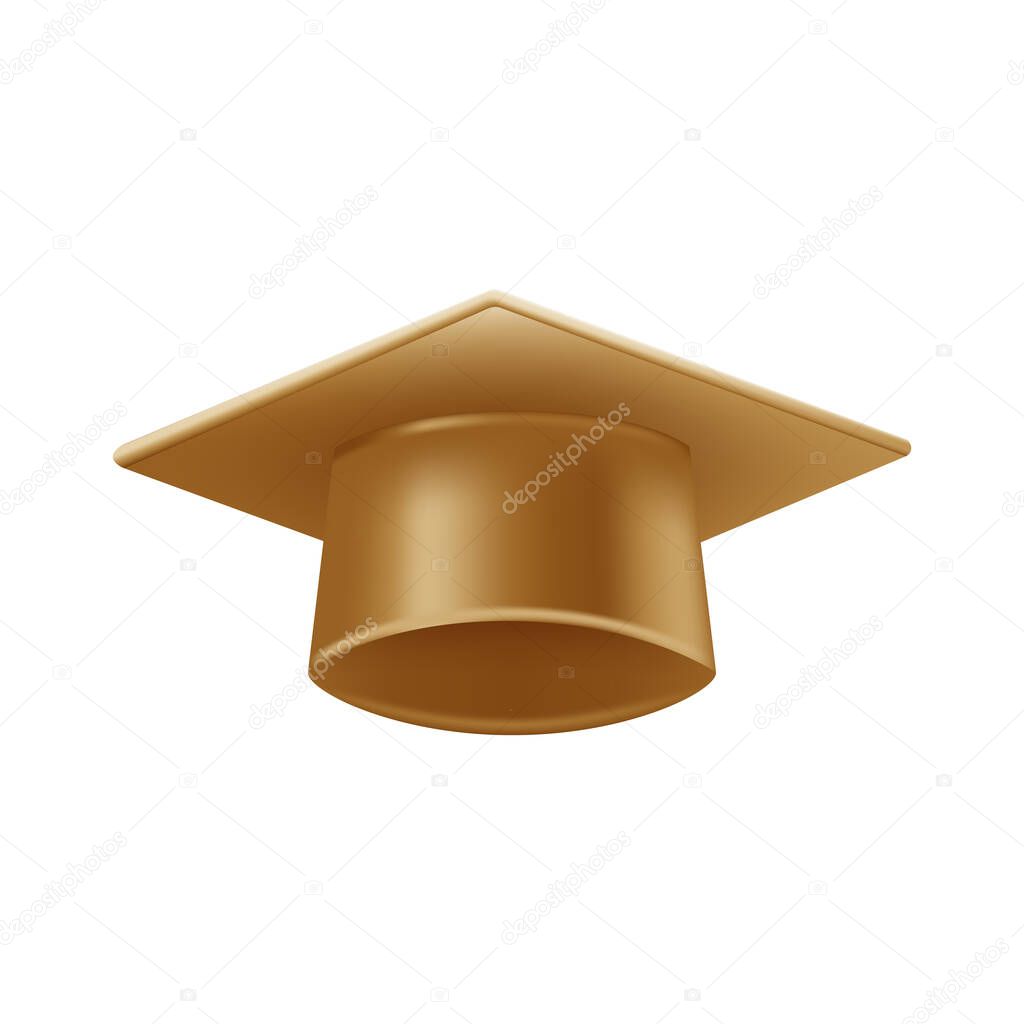 Realistic gold graduate cap. 3D Graduation Doctoral hat. PhD Academic mortarboard. Student degree board. Vector illustration.