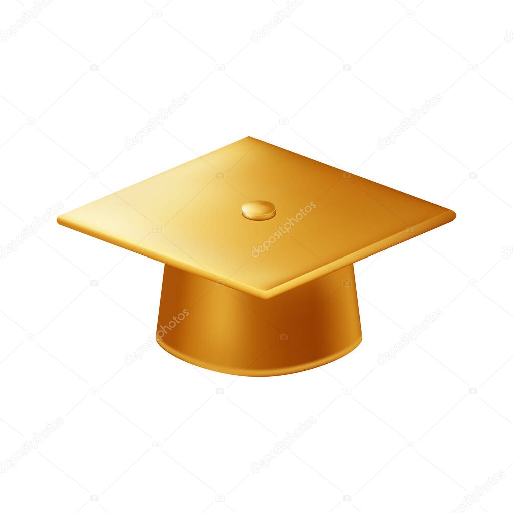 Realistic gold graduate cap. 3D Graduation Doctoral hat. PhD Academic mortarboard. Student degree board. Vector illustration.