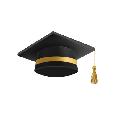 Gerçekçi siyah mezuniyet şapkası. 3 Boyutlu Doktora Şapkası. Yüksek lisans akademik havan topu. Öğrenci diploması. Vektör illüstrasyonu.