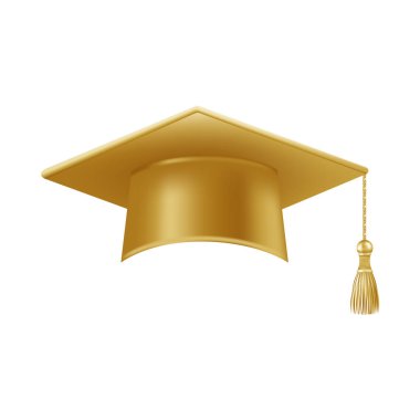 Gerçekçi altın mezuniyet şapkası. 3 Boyutlu Doktora Şapkası. Yüksek lisans akademik havan topu. Öğrenci diploması. Vektör illüstrasyonu.