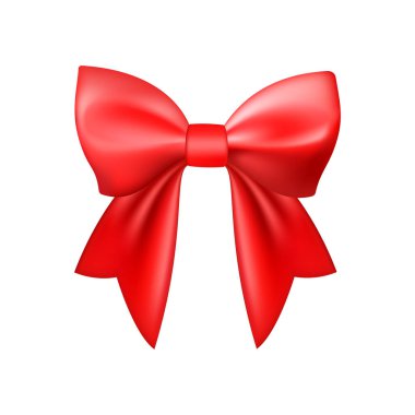 3D gerçekçi kırmızı hediye yayı. Noel, doğum günü ve satış dekorasyonu. İpek fiyonk. Geleneksel tatil aksesuarı. Vektör illüstrasyonuName.