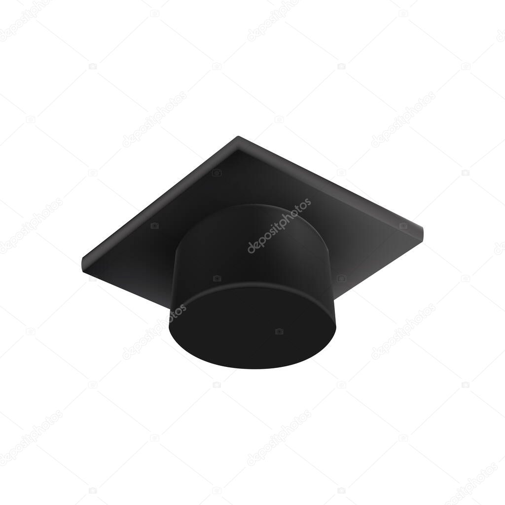 Realistic Black graduate cap. 3D Graduation Doctoral hat. PhD Academic mortarboard. Student degree board. Vector illustration.