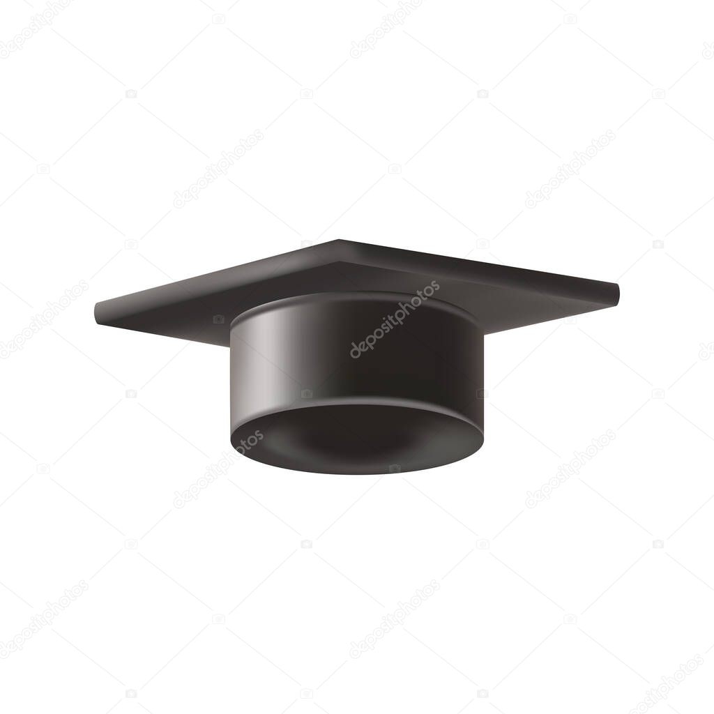 Realistic Black graduate cap. 3D Graduation Doctoral hat. PhD Academic mortarboard. Student degree board. Vector illustration.