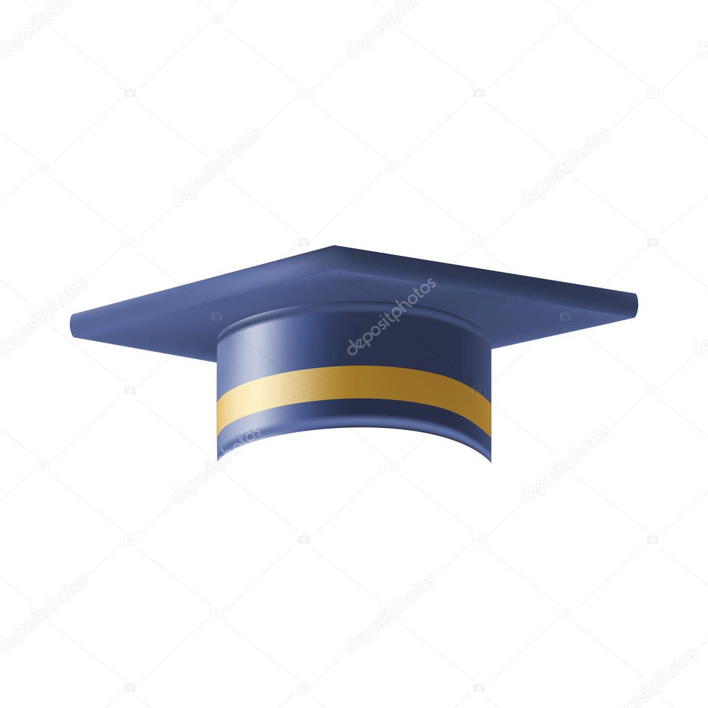 Realistic Blue graduate cap. 3D Graduation Doctoral hat. PhD Academic mortarboard. Student degree board. Vector illustration.