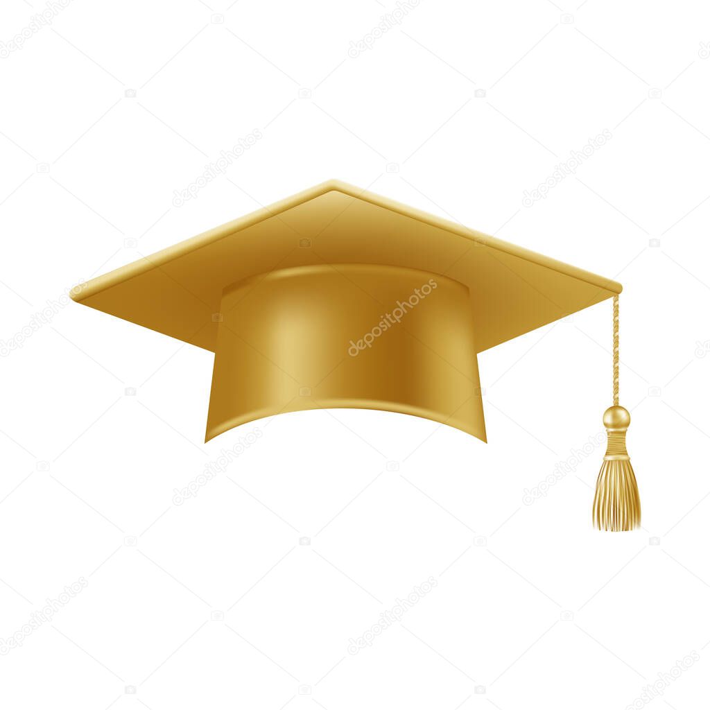 Realistic gold graduate cap. 3D Graduation Doctoral hat. PhD Academic mortarboard. Student degree board. Vector illustration.