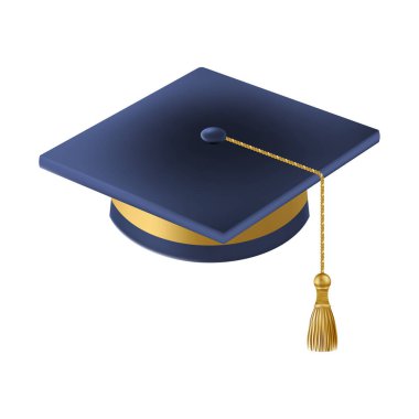 Gerçekçi Mavi mezuniyet şapkası. 3 Boyutlu Doktora Şapkası. Yüksek lisans akademik havan topu. Öğrenci diploması. Vektör illüstrasyonu.