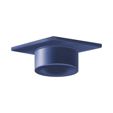 Gerçekçi Mavi mezuniyet şapkası. 3 Boyutlu Doktora Şapkası. Yüksek lisans akademik havan topu. Öğrenci diploması. Vektör illüstrasyonu.