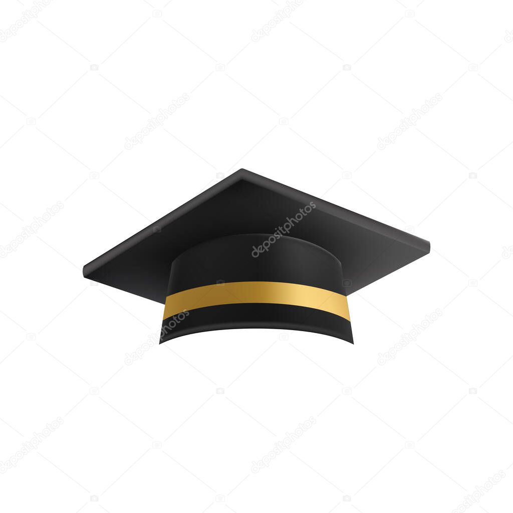 Realistic Black graduate cap. 3D Graduation Doctoral hat. PhD Academic mortarboard. Student degree board. Vector illustration.