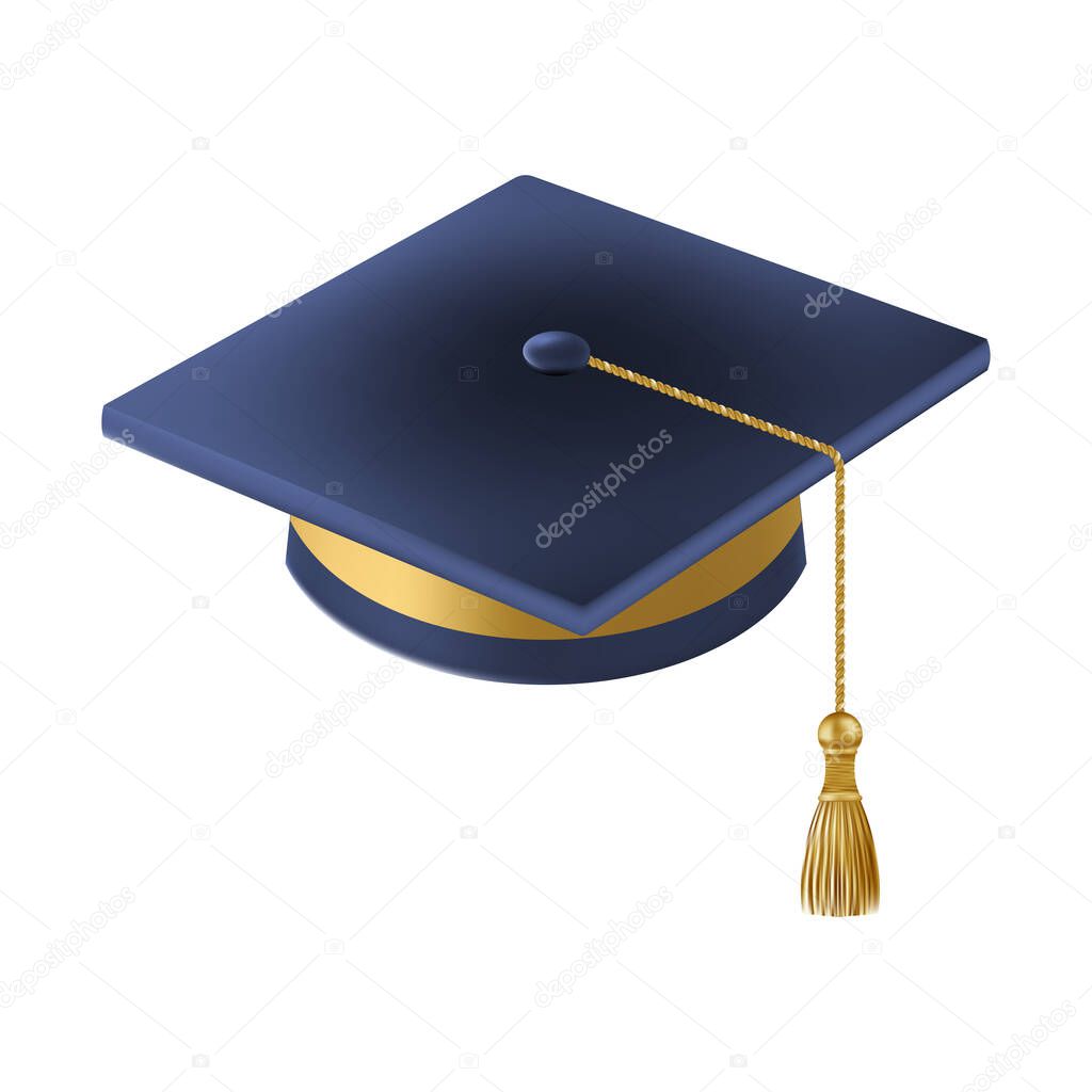 Realistic Blue graduate cap. 3D Graduation Doctoral hat. PhD Academic mortarboard. Student degree board. Vector illustration.