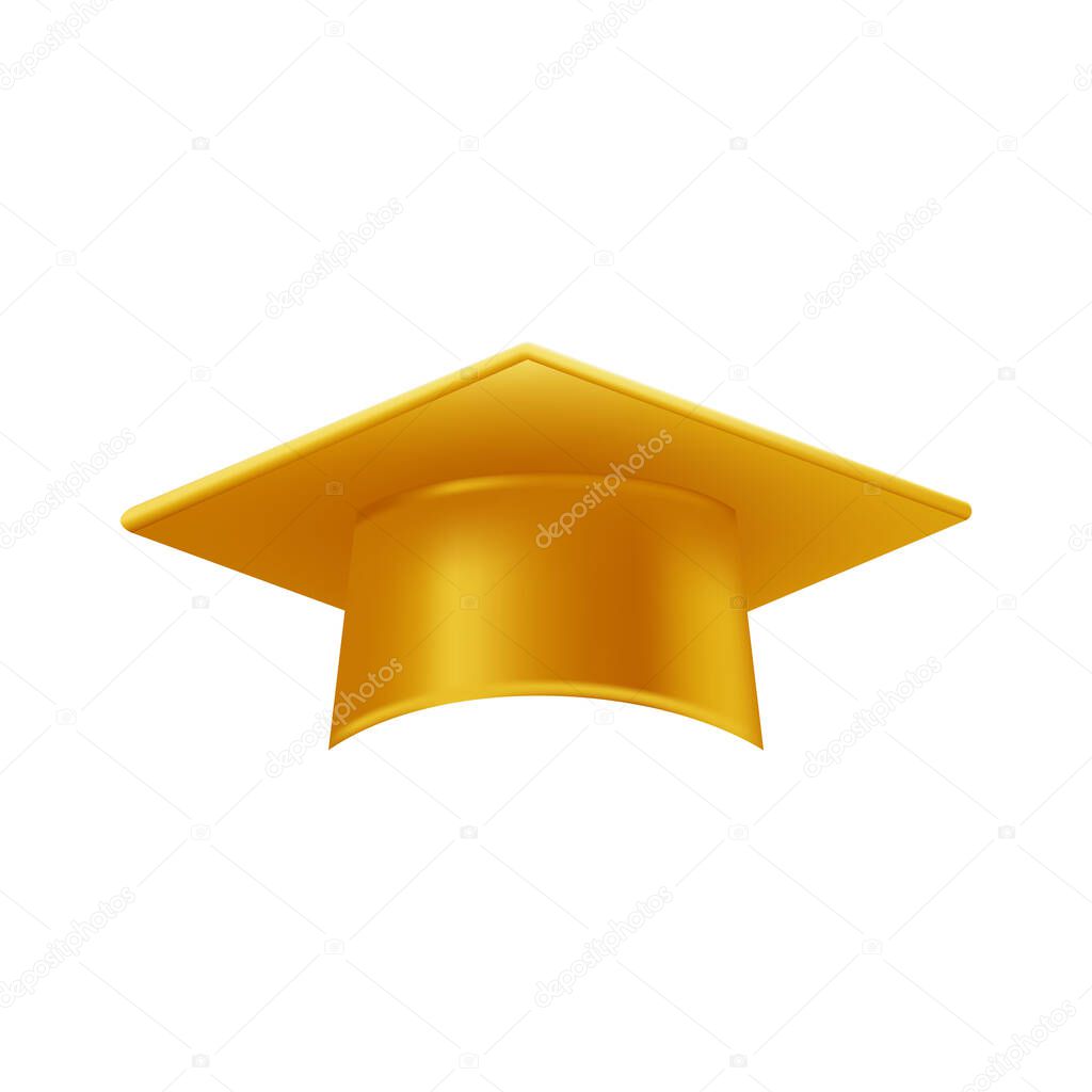 Realistic gold graduate cap. 3D Graduation Doctoral hat. PhD Academic mortarboard. Student degree board. Vector illustration.