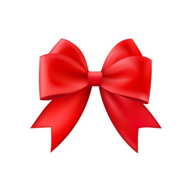 3D gerçekçi kırmızı hediye yayı. Noel, doğum günü ve satış dekorasyonu. İpek fiyonk. Geleneksel tatil aksesuarı. Vektör illüstrasyonuName.