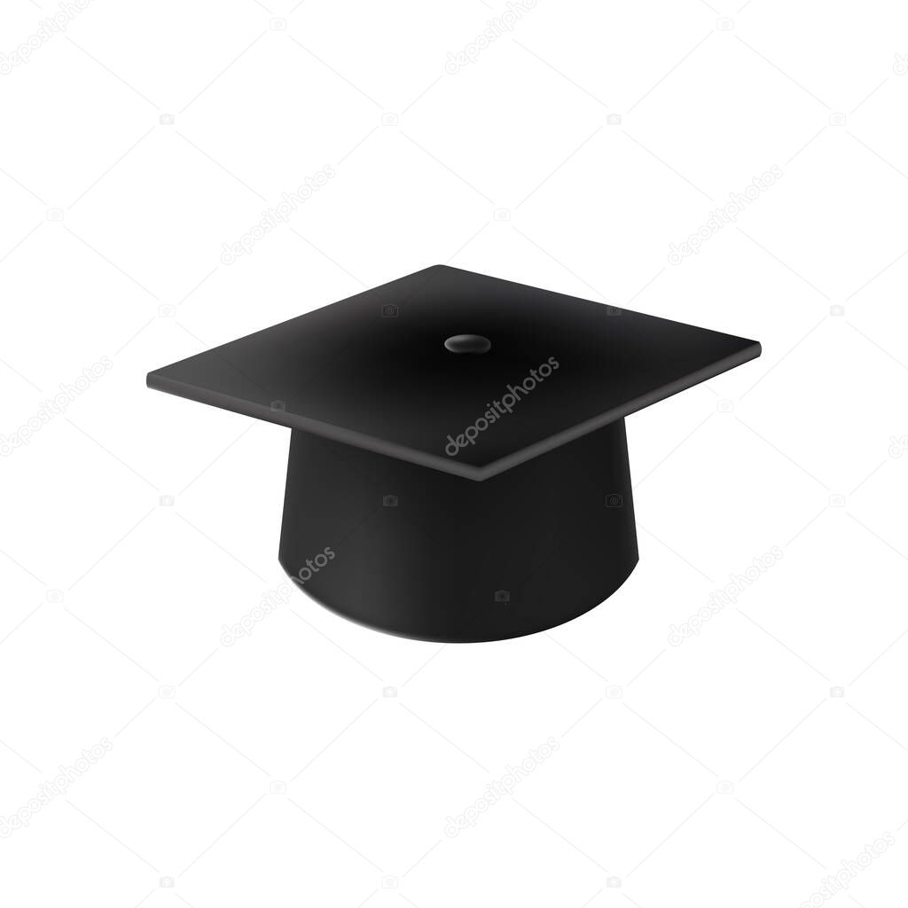 Realistic Black graduate cap. 3D Graduation Doctoral hat. PhD Academic mortarboard. Student degree board. Vector illustration.