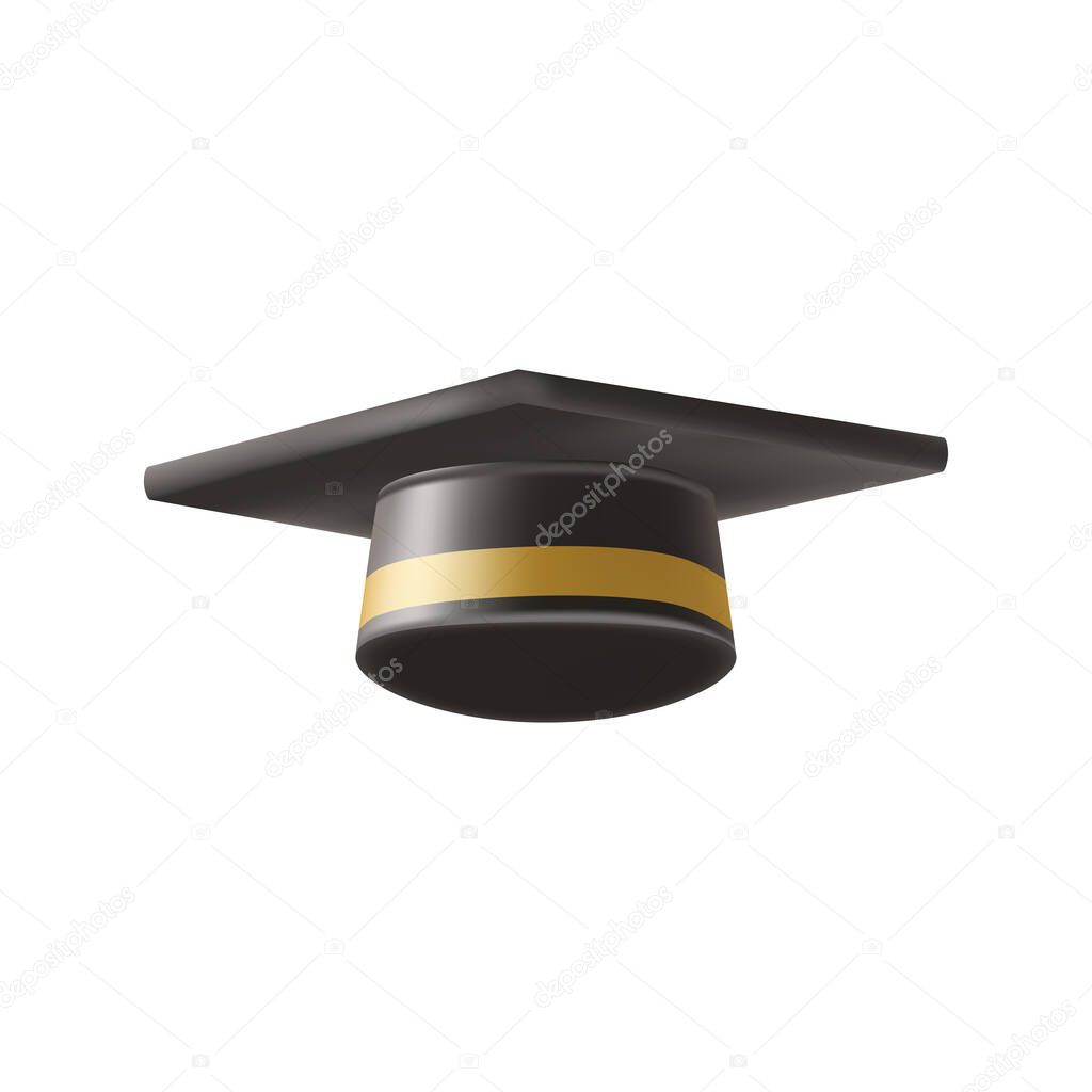 Realistic Black graduate cap. 3D Graduation Doctoral hat. PhD Academic mortarboard. Student degree board. Vector illustration.