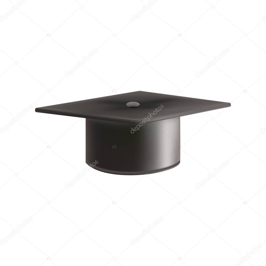 Realistic Black graduate cap. 3D Graduation Doctoral hat. PhD Academic mortarboard. Student degree board. Vector illustration.
