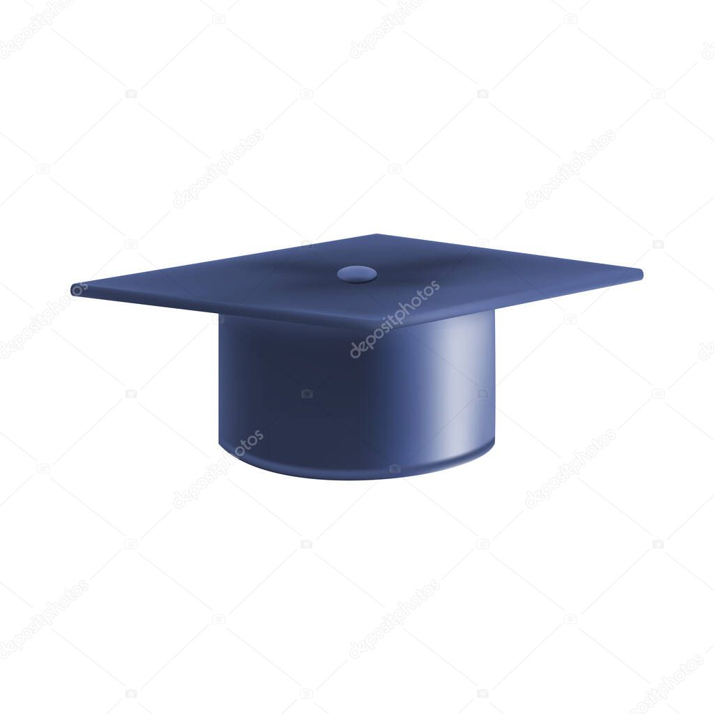 Realistic Blue graduate cap. 3D Graduation Doctoral hat. PhD Academic mortarboard. Student degree board. Vector illustration.