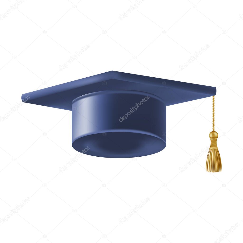 Realistic Blue graduate cap. 3D Graduation Doctoral hat. PhD Academic mortarboard. Student degree board. Vector illustration.