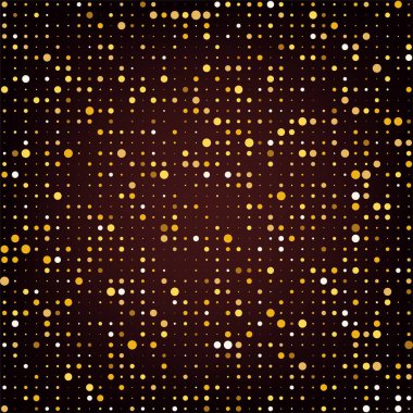 Altın yarım tonlu disko noktaları deseni. Soyut şenlik arka planı. Parlak daireler ve zarif gradyan bg. Retro Noel parti tasarımı. Vektör çizimi. EPS 10.