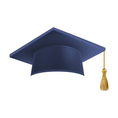 Gerçekçi Mavi mezuniyet şapkası. 3 Boyutlu Doktora Şapkası. Yüksek lisans akademik havan topu. Öğrenci diploması. Vektör illüstrasyonu.