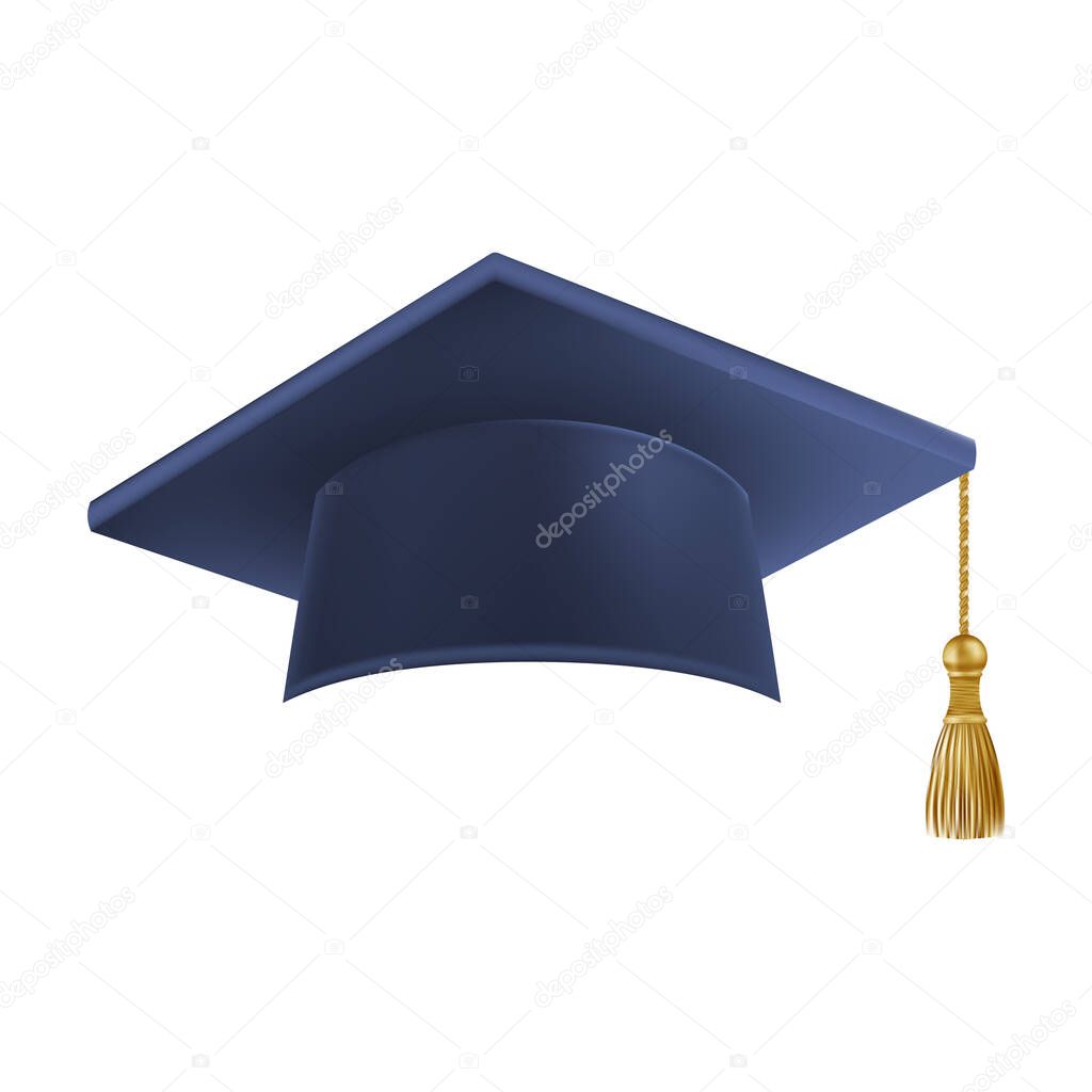 Realistic Blue graduate cap. 3D Graduation Doctoral hat. PhD Academic mortarboard. Student degree board. Vector illustration.