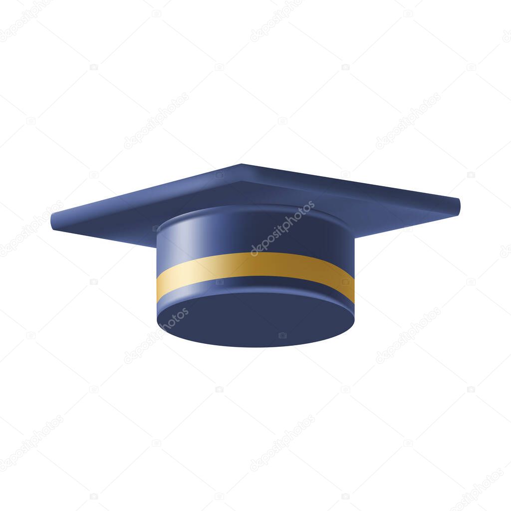 Realistic Blue graduate cap. 3D Graduation Doctoral hat. PhD Academic mortarboard. Student degree board. Vector illustration.