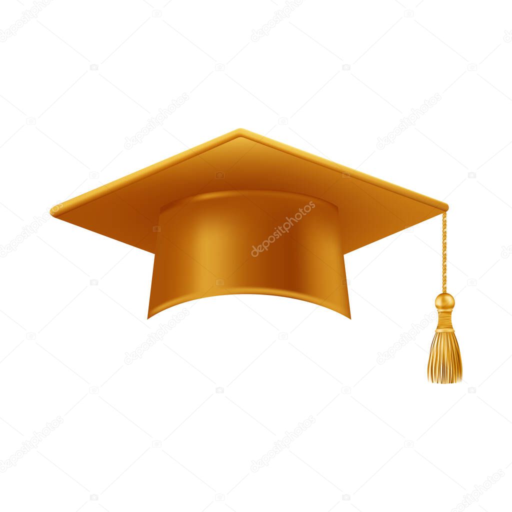 Realistic gold graduate cap. 3D Graduation Doctoral hat. PhD Academic mortarboard. Student degree board. Vector illustration.