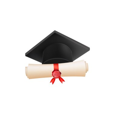 Mezuniyet şapkalı 3D diploma. Siyah havan tahtalı klasik rulo kağıt. Üniversite, üniversite ya da okul mezuniyet sertifikası. Vektör çizimi. EPS 10.