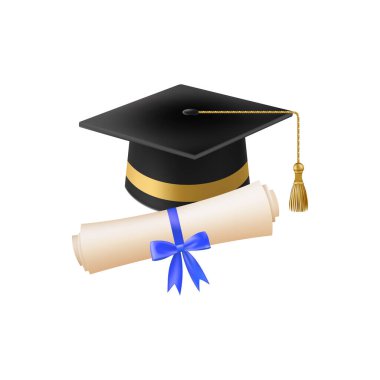 Mezuniyet şapkalı 3D diploma. Siyah havan tahtalı klasik rulo kağıt. Üniversite, üniversite ya da okul mezuniyet sertifikası. Vektör çizimi. EPS 10.