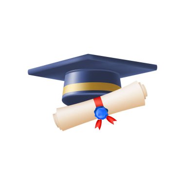Mezuniyet şapkalı 3D diploma. Mavi havan tahtalı klasik rulo kağıt. Üniversite, üniversite ya da okul mezuniyet sertifikası. Vektör çizimi. EPS 10.