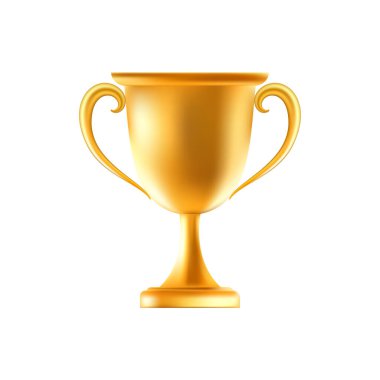 3D Altın Ödül Kupası. Kazanan kupa. Yarışmada, sporda ya da yarışmada en iyi sonuç için ödül töreni. Şampiyonada birincilik ödülü, turnuvada başarı. Vektör çizimi. EPS 10.