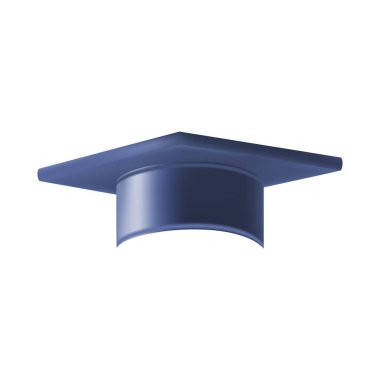 Gerçekçi Mavi mezuniyet şapkası. 3 Boyutlu Doktora Şapkası. Yüksek lisans akademik havan topu. Öğrenci diploması. Vektör illüstrasyonu.