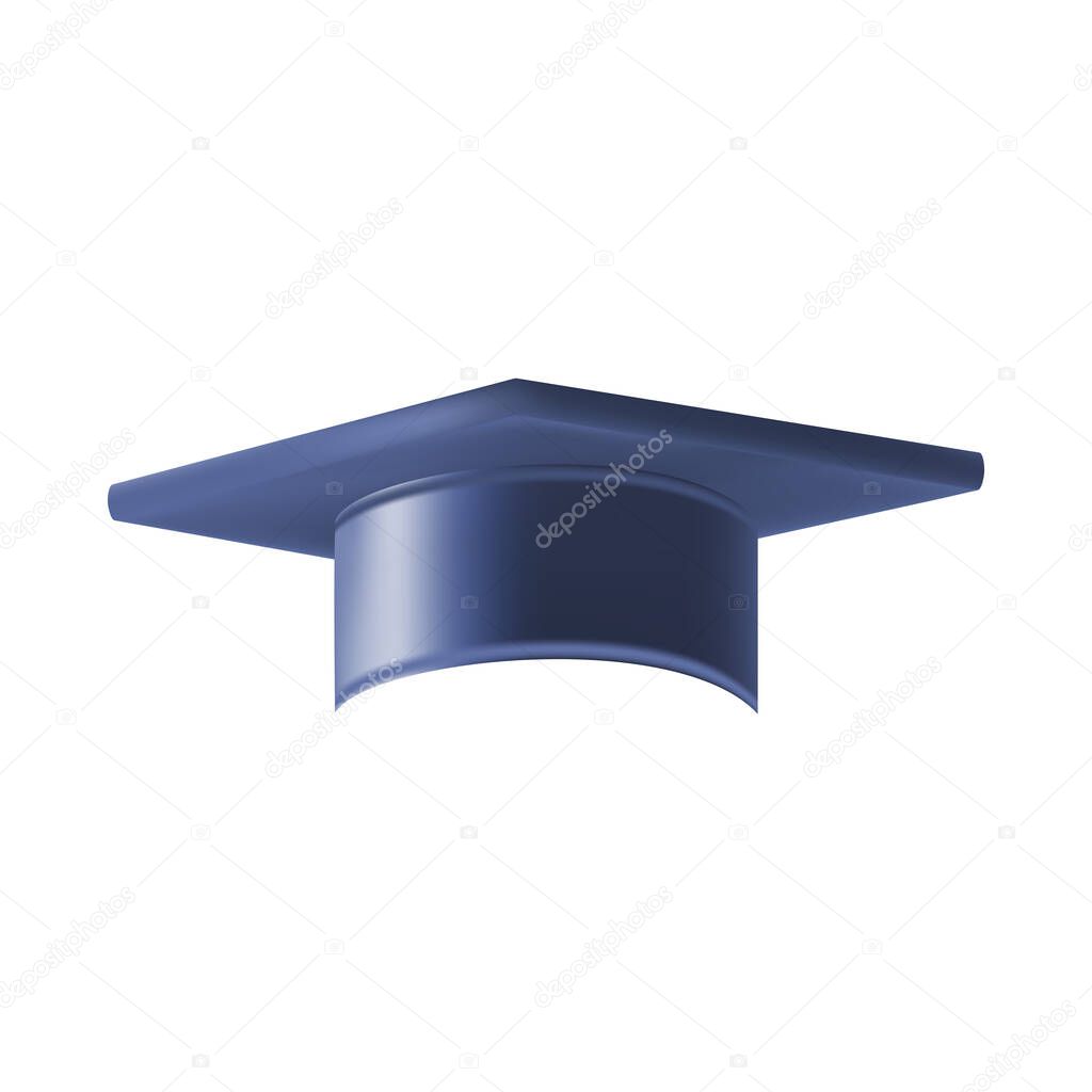 Realistic Blue graduate cap. 3D Graduation Doctoral hat. PhD Academic mortarboard. Student degree board. Vector illustration.