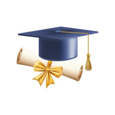 Mezuniyet şapkalı 3D diploma. Mavi havan tahtalı klasik rulo kağıt. Üniversite, üniversite ya da okul mezuniyet sertifikası. Vektör çizimi. EPS 10.