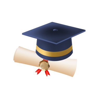 Mezuniyet şapkalı 3D diploma. Mavi havan tahtalı klasik rulo kağıt. Üniversite, üniversite ya da okul mezuniyet sertifikası. Vektör çizimi. EPS 10.